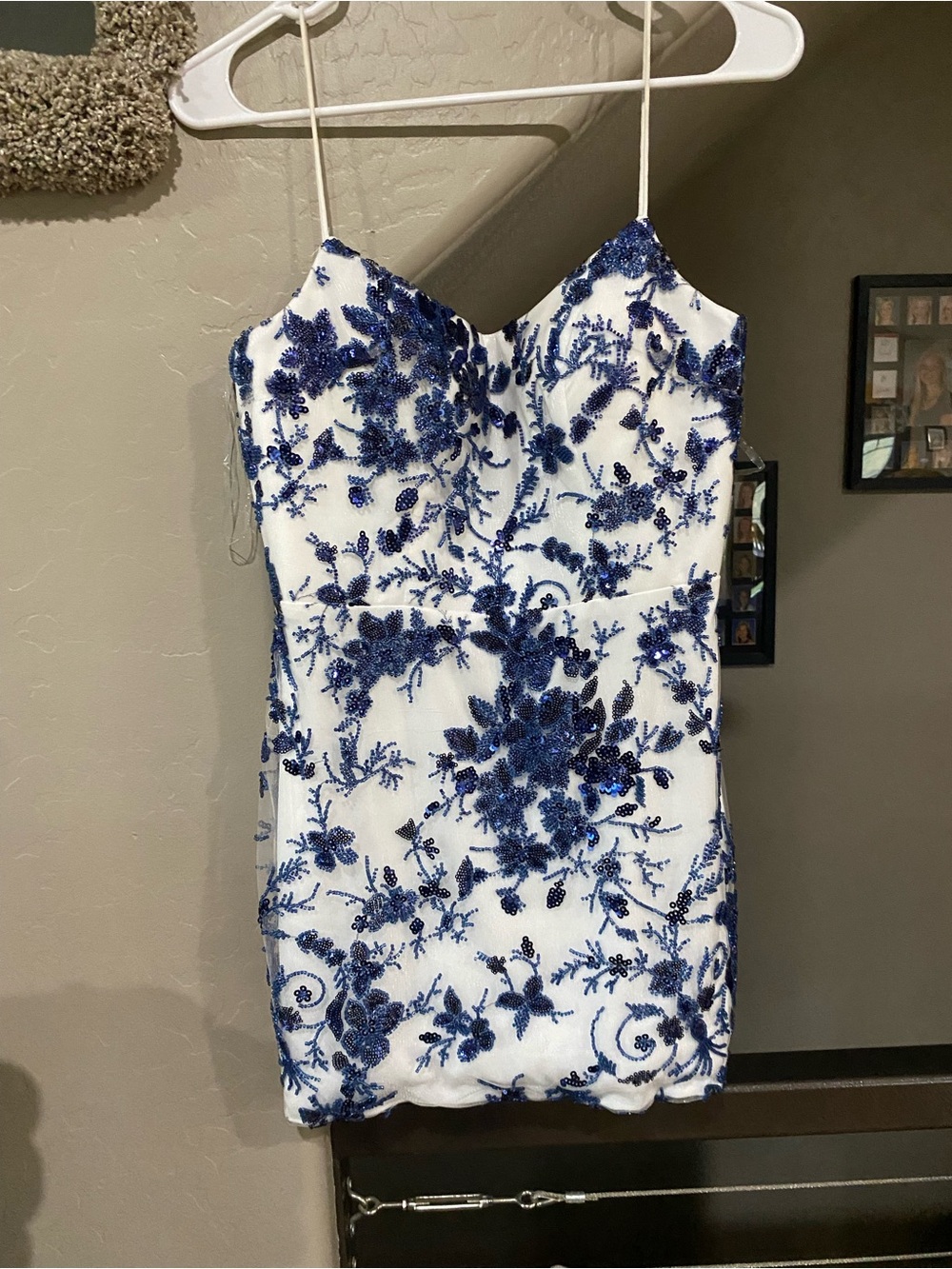 Blue & White Floral Sequin Spaghetti-Strap Mini Dress